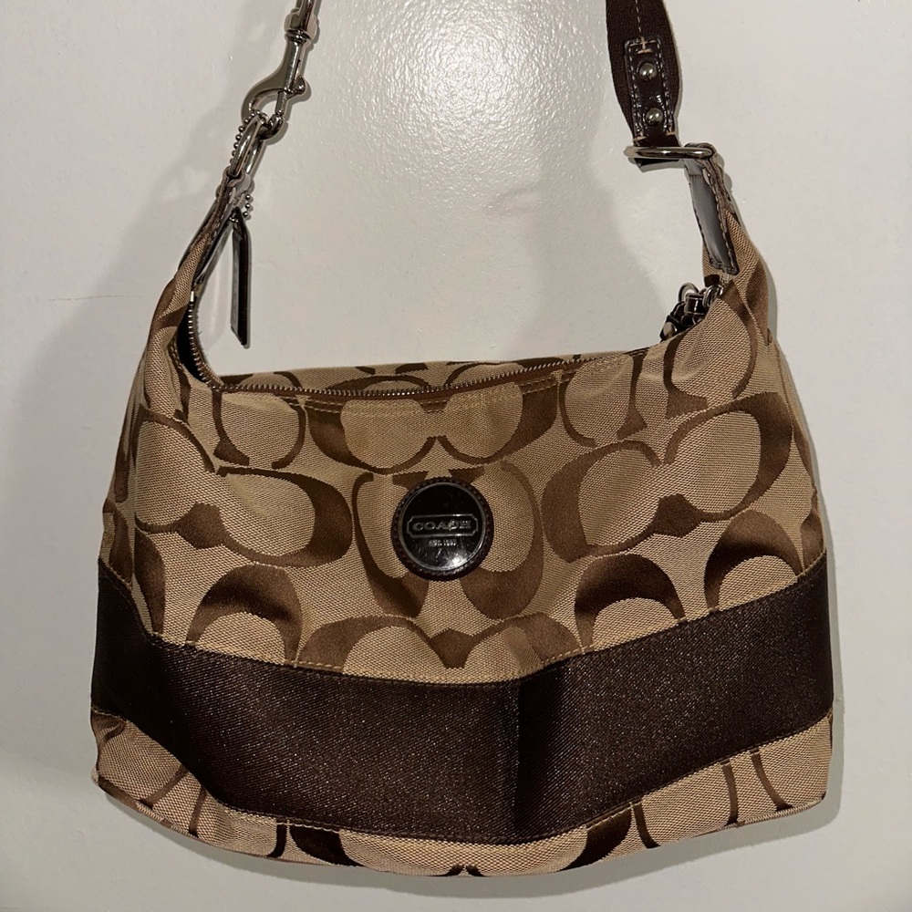 Vintage Coach Tan and Brown Signature Shoulder Bag